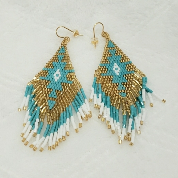 404- Beaded Earrings, long Beaded Dangle Earrings Native America Style Handmade - Picture 4 of 6